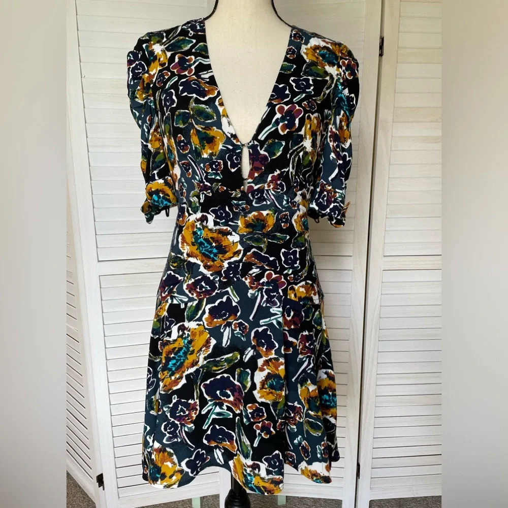 Free People Floral Dress Babydoll Flowy Rayon Sz 2 Short Sleeve Black Blue Green - Picture 1 of 7